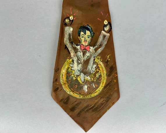 1940s Life of the Party Necktie | Vintage 40s Wide Bronze Silk Hand Painted Formal Maestro Jumping out of a Cake on New Years Tie