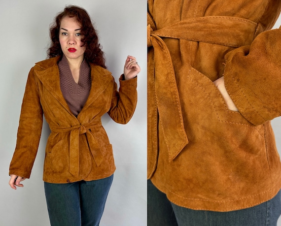 1950s Sassy in Suede Jacket | Vintage 50s Tawny Brown Leather Wrap Short Coat with Scalloped Pockets and Attached Sash Belt | Small Medium