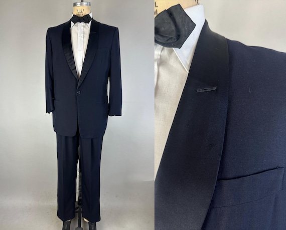 1950s Swinging Singer Tuxedo | Vintage 50s Black Wool Tux with Silk Shawl Lapel and Stripe Evening Suit Jacket & Trousers | Size 40 Medium