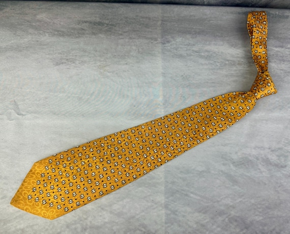1940s Flight of Spring Necktie | Vintage 40s Yellow Ochre Silk "Yellowstone Prints" Self Tie Cravat with White Butterflies and Black Spots