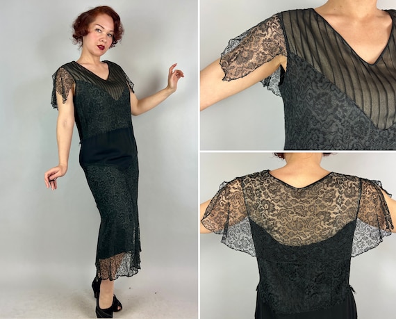 1920s Darkly Deco Dress | Vintage 20s Black Silk Chiffon Flapper Frock with Fluttery Lace Capelet & Illusion Neckline | Large Extra Large XL