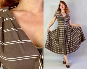 1940s Darling Dorothy Day Dress | Vintage 40s Cedar Brown and White Stripes Cotton Voile Fit + Flare Frock w/Bows & Pleats | Extra Small XS