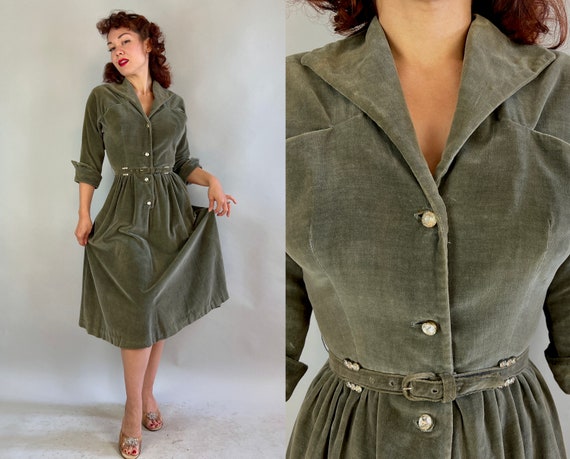 1940s Holiday Hostess Dress | Vintage 40s Sage Green Velveteen Shirtwaist Frock with Split Shawl Collar Rhinestones and Belt | Small