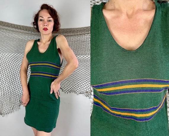 1920s Soaking with Seaweed Swimsuit | Vintage Antique 20s Green Wool Knit with Yellow and Blue Stripes Bathing Suit Swimwear | Medium Large