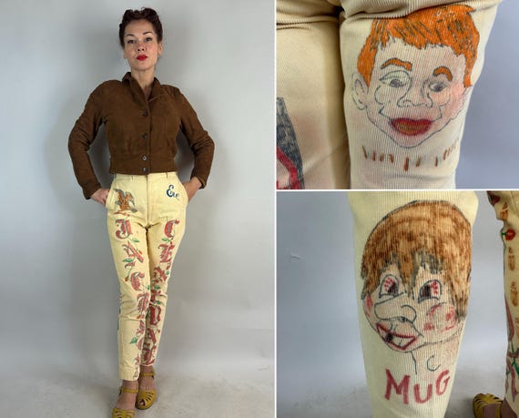 1960s Flying High Senior Cords | Vintage 60s Eggshell White Corduroy Pants with Hand Drawn Yearbook Designs Eagles Mad Magazine | Small
