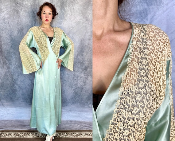 1930s Madame Mint Silk Nightgown | Vintage 30s Pastel Green Lace Trimmed Robe with Bell Sleeves and Button Closure | Medium Large