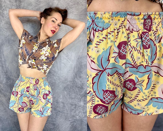 1940s Playful Pineapple Shorts | Vintage 40s Blue Yellow and Purple Cotton Tropical Fruit & Leaf Print Swimsuit Bottoms | XS Small Medium