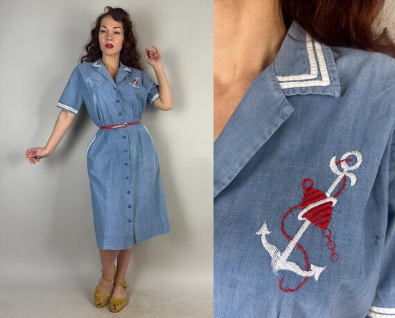 1940s Sailing Blues Frock | Vintage 40s Sky Blue Cotton Button Up Dress with Nautical Stripes and Red & White Anchor Emboidery | Large