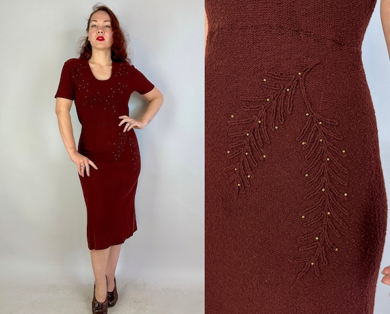 1940s Bold and Bronze Dress | Vintage 40s Brown Boucle Wool Knit Curve Hugging Frock w/ Brass Studs & Soutache | Medium Large Extra Large XL