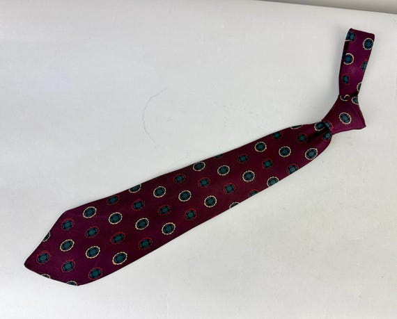 1930s Man Your Manor Necktie | Vintage 30s Purple Grey Red and Pink Oval Frames Windows Print Silk Self Tie Cravat