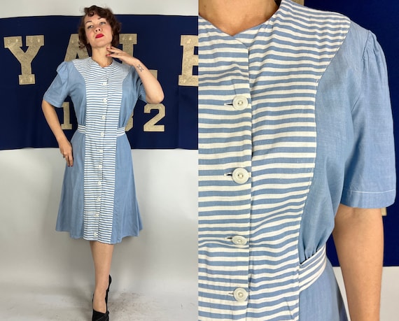 1930s Nautical Lighthouse Frock | 30s Cornflower Blue Chambray Cotton Dress w/ Blue & White Stripes and Puff Sleeves | Extra Large XL Volup