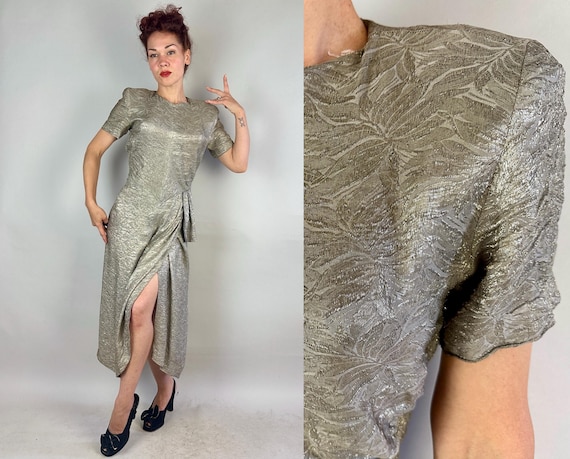1940s Gilda's Gilded Dress | Vintage 40s Silk Silver Lamé Leaf Pattern Cocktail Evening Frock with Ruching and Asymmetric Hip Swag | Medium