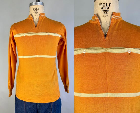 1940s Tangerine Dream Cycling Jersey | Vintage 40s Mens Sports Bicycle Orange Wool Quarter Zip Long Sleeve Shirt w Utility Pockets | Medium