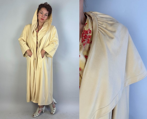1940s Shrouded Showtime Swing Coat | Vintage 40s Cream White Wool Overcoat with Giant Convertible Hood Shawl | Small Medium Large XL
