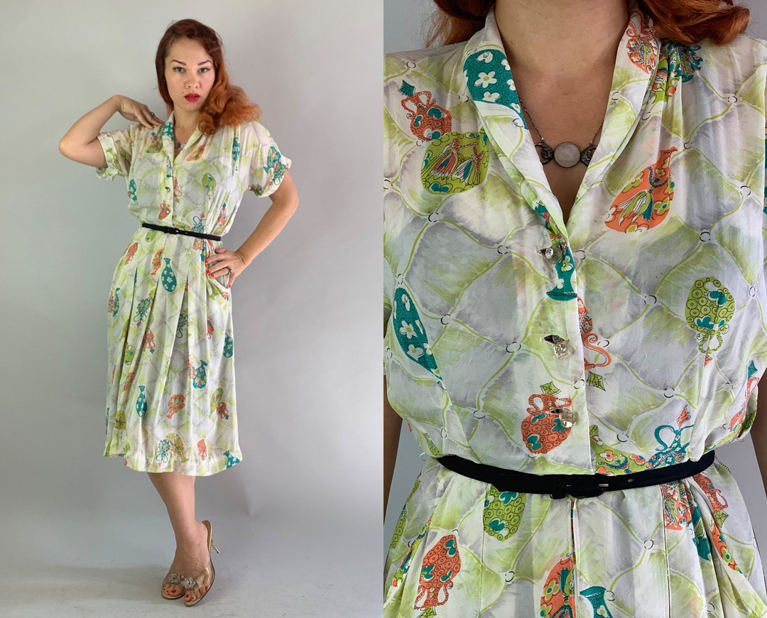 1940s Heart-stopping Helen Harlequin Shirtwaist Dress Vintage 40s Silk ...