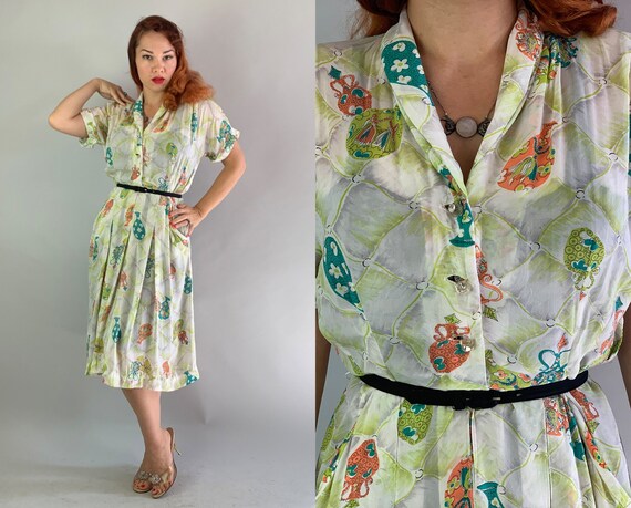 1940s Heart-Stopping Helen Harlequin Shirtwaist Dress | Vintage 40s Silk Novelty Vessel Print Day Frock in White with Two Pockets! | Large