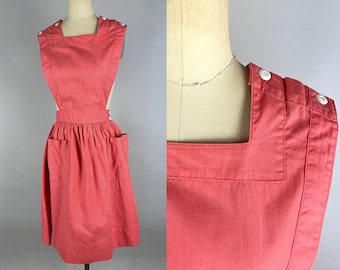 1950s Angelic "Angelica" Pinafore Dress | Vintage 50s Salmon Pink Cotton Apron Frock with Side Buttons and Big Pockets | Extra Small XS