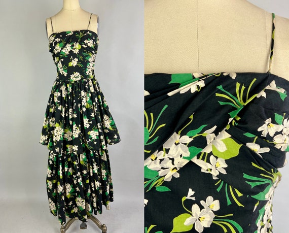 1940s Spring Queen Gown | Vintage 40s Black White and Green Flower Print Cotton Tiered Floor Length Sun Dress | Small Extra Small XS