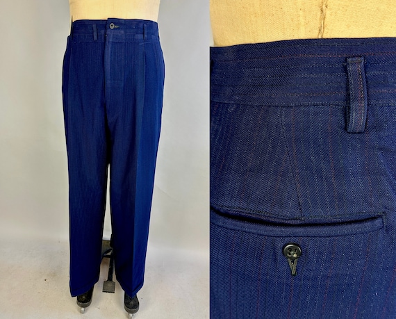 1940s Wonderful Life Trousers | Vintage 40s Midnight Blue Wool Pants with Red and White Pinstripes Dated 1946! | 39x33 Extra Large XL