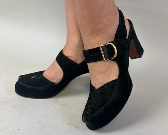 1940s Betty Loves Buckles Shoes | Vintage 40s Black Suede Leather Slingback Mary Jane Combo Platform Pumps w/Peep Toe & Cutouts | Size US 8
