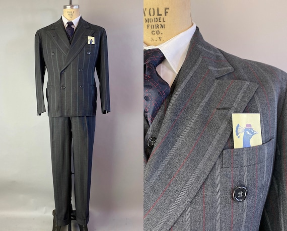 1940s Dashing Dated Suit | Vintage 40s Three Piece Grey w/Red + White Stripes Wool Jacket Vest & Trousers from 1941! | Size 38/40 Medium