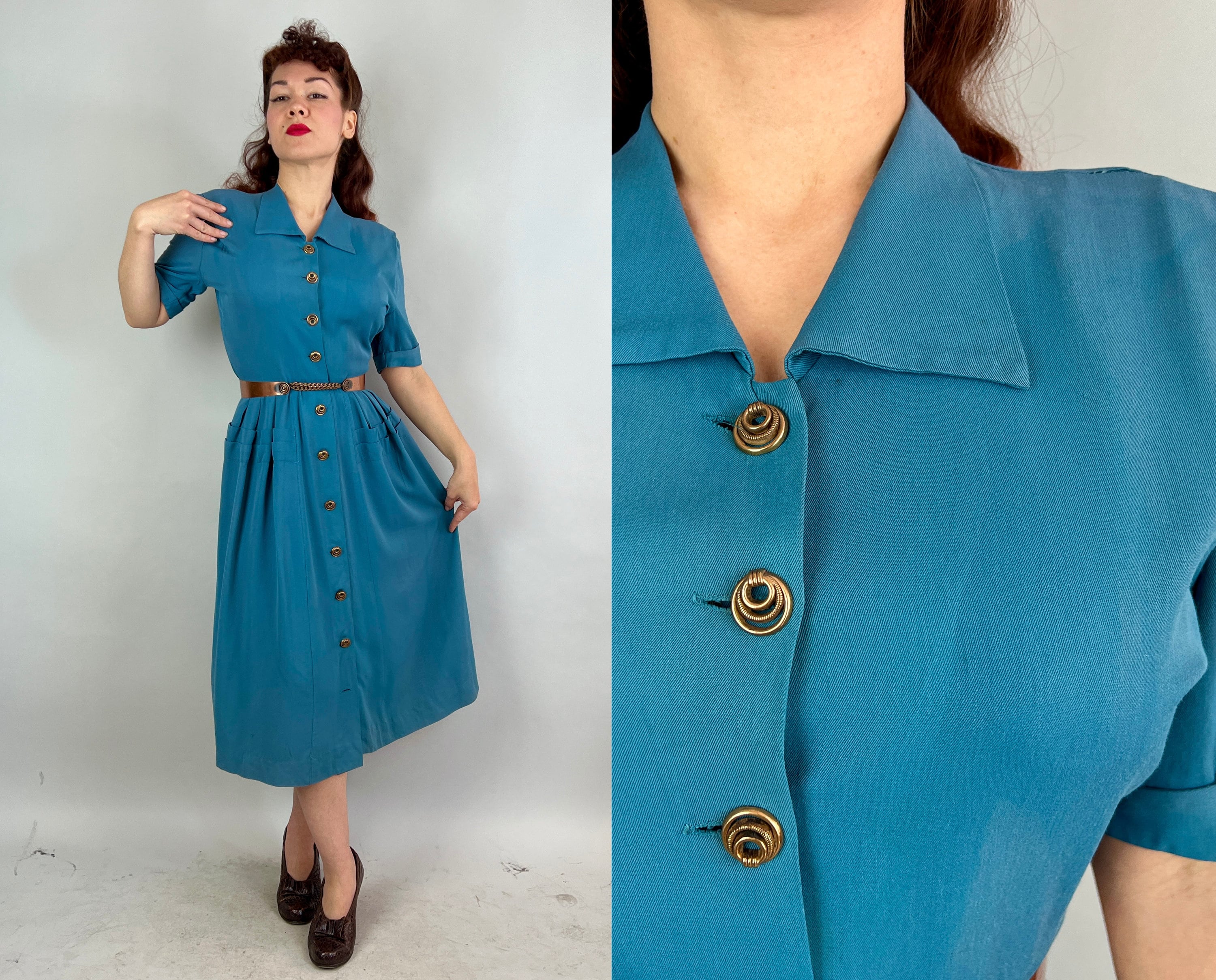 1940s Tantalizing Teal Shirt Dress | Vintage 40s Wool Gabardine Peacock ...