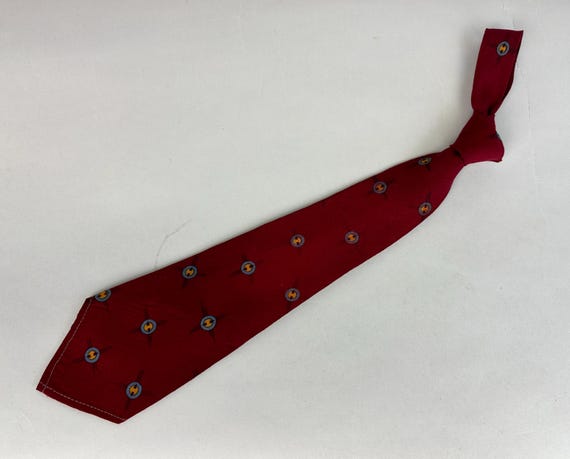 1930s Steered in the Right Direction Necktie | Vintage 30s Maroon Red Wool Self Tie Cravat w/ Blue and Yellow Compass & Dials Patented 1935!
