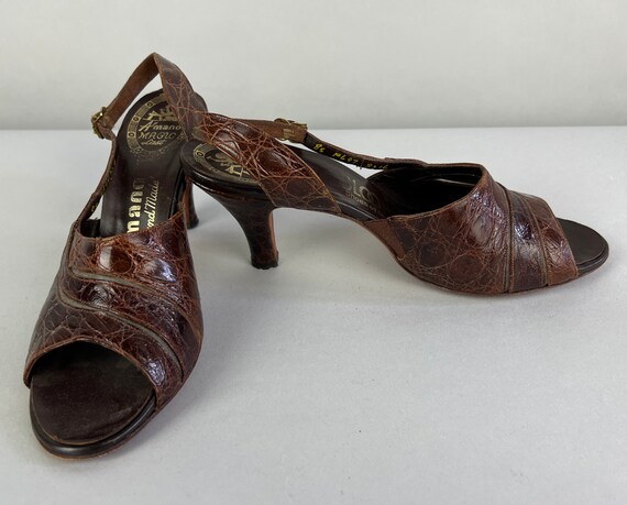 1950s Slinky Slither Slingbacks | Vintage 50s Brown Alligator Leather High Heel Sandal Pumps Shoes w/Open Toe & Plastic Cutout | Size US 8