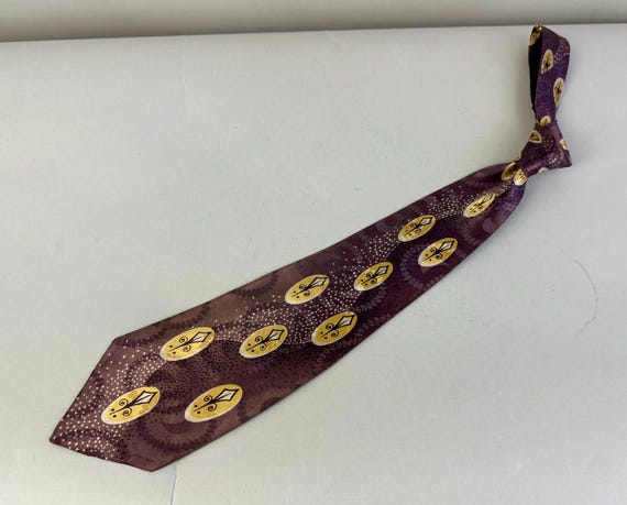 1940s Meet Me By The Lamp Light Necktie | Vintage 40s Purple Yellow White Rayon Satin Self Tie w/Street Lantern and Crescent Moon Pattern