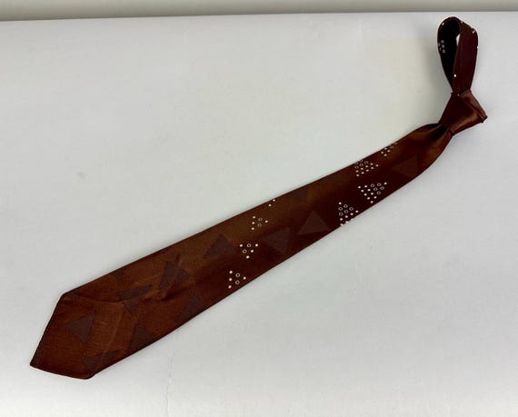 1930s Try Me in Triangles Tie | Vintage 30s Brown Geometric Silk Self Necktie Cravat with Triangular White Circles