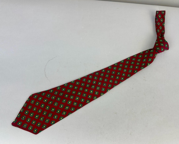 1930s Diamond Dandy Necktie | Vintage 30s Dark Blood Red Cotton Self Tie Cravat with Geometric Diamonds in Green Yellow and Black