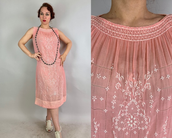 1920s Pastoral Princess Frock | Vintage 20s Pink Cotton Voile Sheer Sleeveless Peasant Dress with White Smocking and Embroidery | Large XL