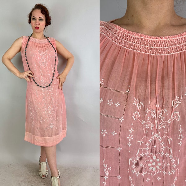 1920s Pastoral Princess Frock | Vintage 20s Pink Cotton Voile Sheer Sleeveless Peasant Dress with White Smocking and Embroidery | Large XL