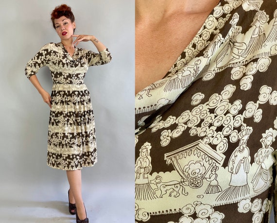 1940s Royal Procession Novelty Print Dress | Vintage 40s Brown and Cream White Rayon Crepe Cowl Neck Frock w/Chariots and People | Small