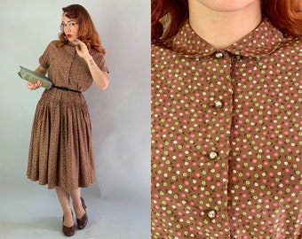 1940s Swinging Sally Shirtwaist Dress | Vintage 40s "L'Aiglon" Floral Print Day Party Frock with Rhinestone Shank Buttons | Large