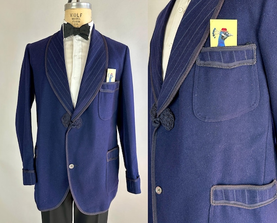 1920s Night Cap Smoking Jacket | Vintage Antique 20s Midnight Blue Wool Shawl Lapel with Striped Trim Loungewear Lounge Robe | Large