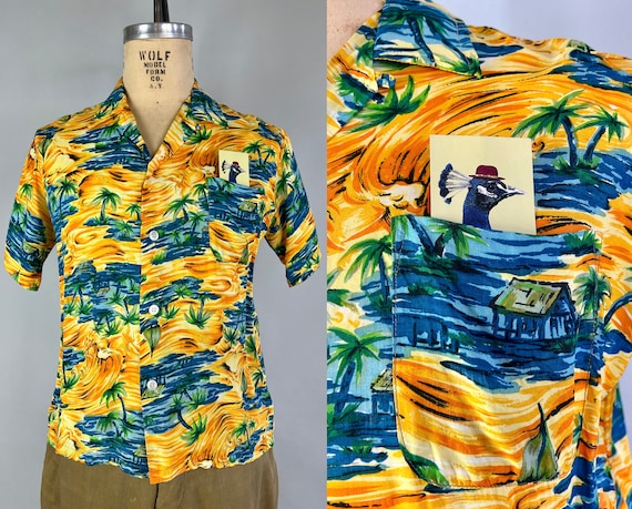 1950s Island Winds Shirt | Vintage 50s Rayon Hawaiian Top Loop Tiki Sort Sleeve Shirt in Vibrant Yellow Orange Green Blue | Medium