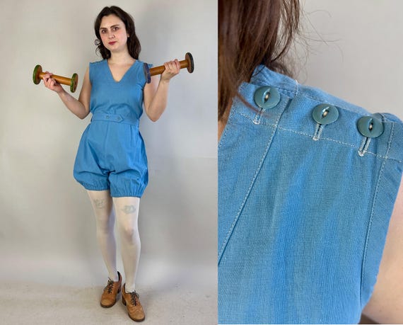 1910s Gym Rat Romper | Vintage Teens Edwardian Ocean Blue V-Neck Cotton Gym Togs Athletic Wear Uniform with Pocket and Belt | Medium Large