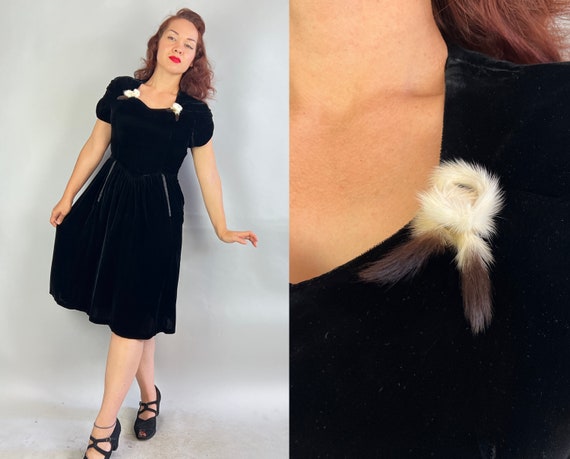 1930s Smooth Sashay Dress | Vintage 30s Black Rayon Velvet LBD Cocktail Frock with Ruched Sleeves Belted Back and Ermine Tails | Medium