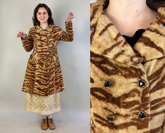 1950s Tenacious Tigress Coat | Vintage 50s Faux Fur Tiger Striped Carmel Brown and Fawn Beige Double Breasted Wide Lapel Overcoat | Small