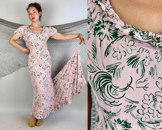 1940s Getaway Bride Holoku Gown | Vintage 40s WWII Pink Rayon Hawaiian Dress w/ Green Rooster & Floral Pattern + Bridal Train | Medium Large
