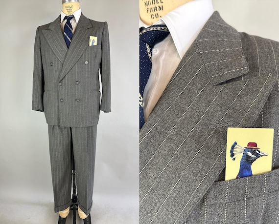 1940s Picture Perfect Suit | Vintage 40s Stone Grey Wool with White Pinstripe Wide Peak Lapel 2-Piece Jacket and Trousers | Size 40 Medium