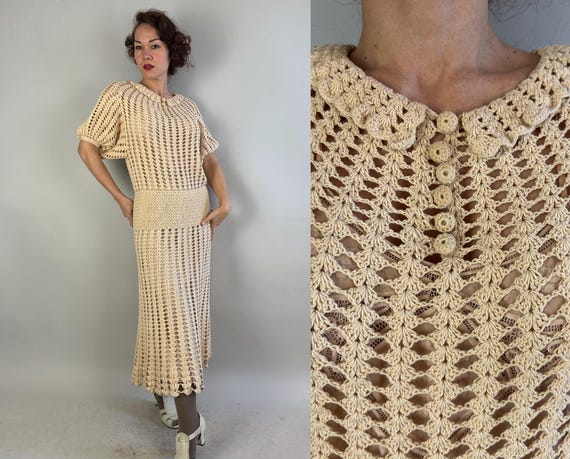 1930s Shelly in Shells Crochet Dress | Vintage 30s White Sand Cotton Open Lacey Shell Stitch Frock with Lantern Sleeves | Extra Large XL