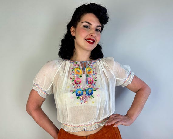 1930s Happy in Hungary Blouse | Vintage 30s White Cotton Hungarian Flower Embroidered Pink Blue Yellow Peasant Top | Small Medium Large