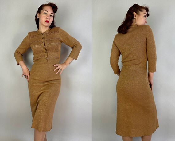 1940s Lurex Love Knit Dress | Vintage 40s Gold Sh… - image 8