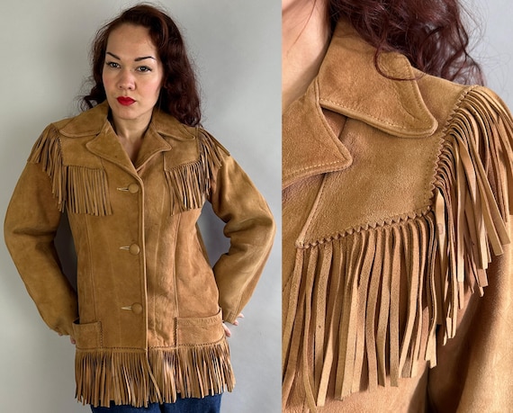 1950s Wild West Wendy Jacket | Vintage 50s Camel Beige Suede Leather Fringe Western Cowgirl Light Button Up Coat with Pockets | Small Medium