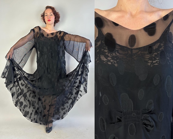 1920s Dotty's Dreamy Dance Dress | Vintage 20s Black Silk Chiffon Polka Dot Gown w/Floating Hankerchief Hem & Net Sleeves | Extra Large XL