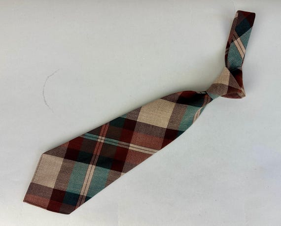 1930s Prince Among Pines Necktie | Vintage 30s Green and Brown Autumnal Tartan Plaid Wool Self Tie Cravat