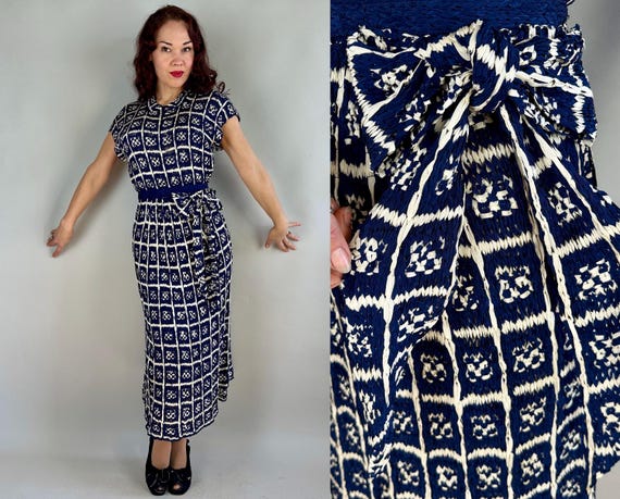 1940s Ravishing Ribbon Dress | Vintage 40s Navy Blue and White Ribbon Knit Frock with Windowpane & Clovers Pattern and Peplum Belt | Small