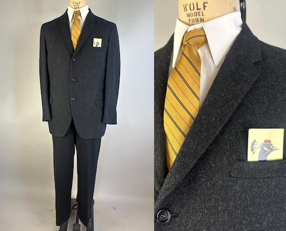 1950s Smoke Gets In Your Eyes Suit | Vintage 50s Charcoal Black Wool Grey Mohair Flecked 2-Piece Jacket and Pants | Size 40/42 Medium Large
